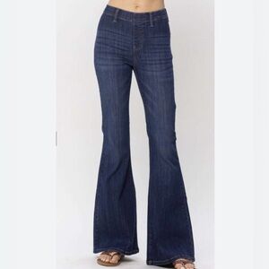 Judy Blue Dark Indigo Pull on Flare High Rise Denim Jeans Boho Stretch Size 27